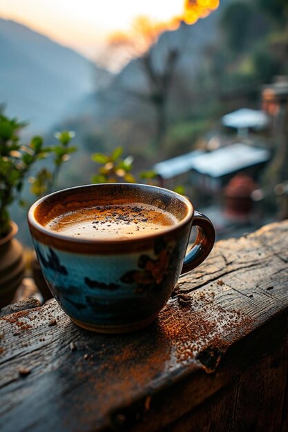 Foto una tazza di caffè seduta su un tavolo di legno