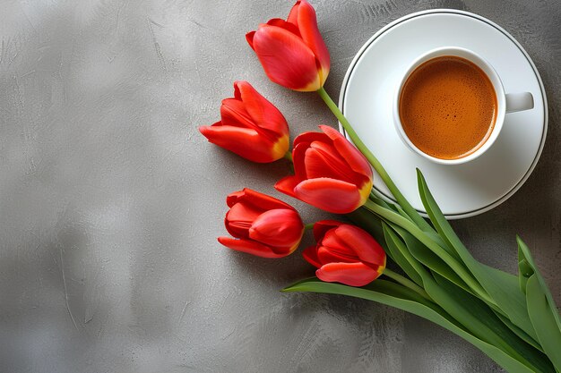 A cup of coffee and some red tulips on a table top with a saucer and spoon