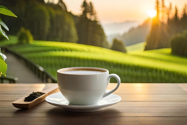 a cup of coffee and a spoon on a table with a sunset in the background.