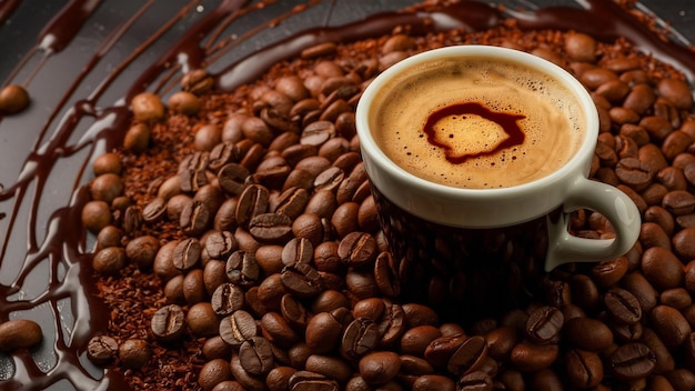 Чашка кофе стоит на кофейных зернах и шоколаде