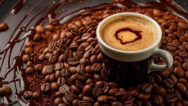 Cup of coffee stands on coffee beans and chocolate