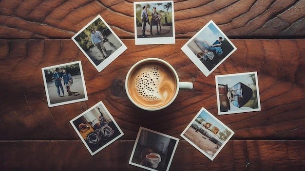 Cup of coffee stands on wooden table among all photos