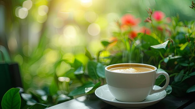 Cup of coffee on summer table garden terrace Background concept