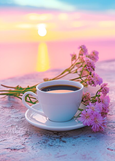 cup of coffee on sunset background