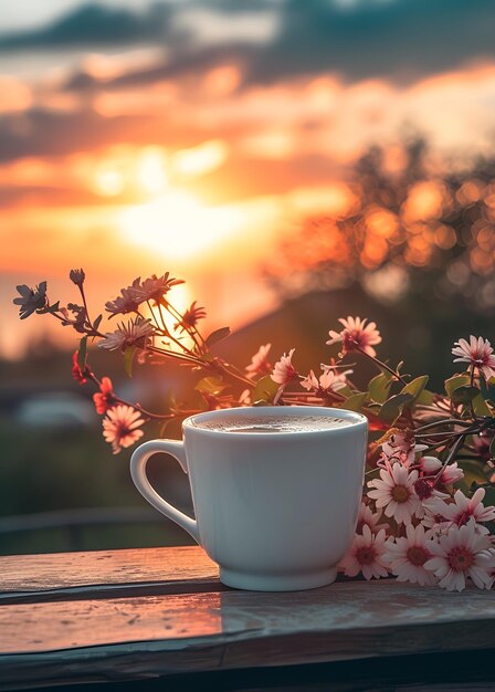 夕暮れの背景のコーヒーカップ