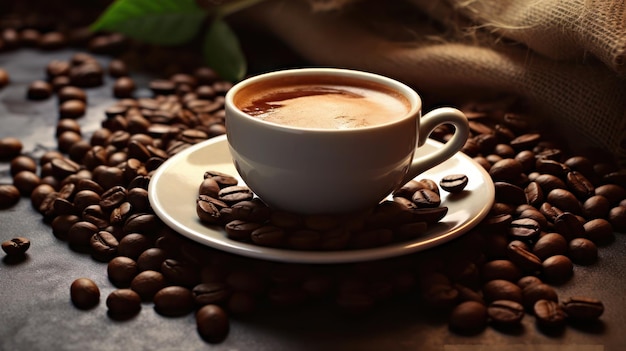 A Cup Of Coffee Surrounded By Coffee Beans