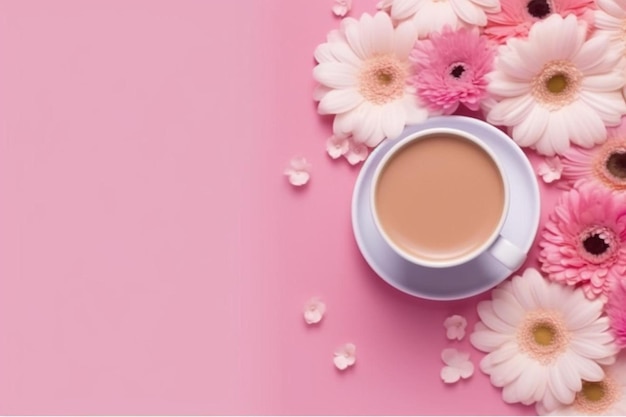 A cup of coffee surrounded by flowers on a pink background