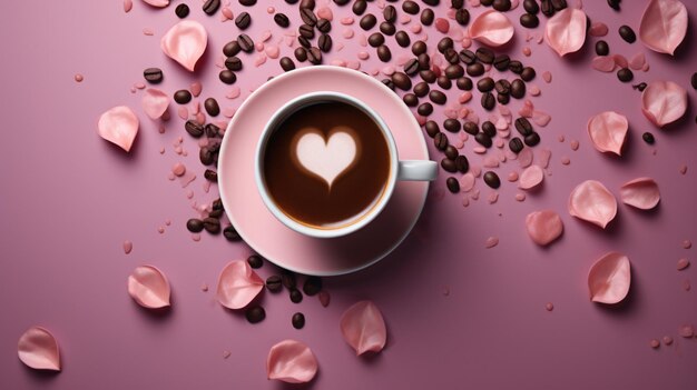 Cup of coffee surrounded by petals of rose petals