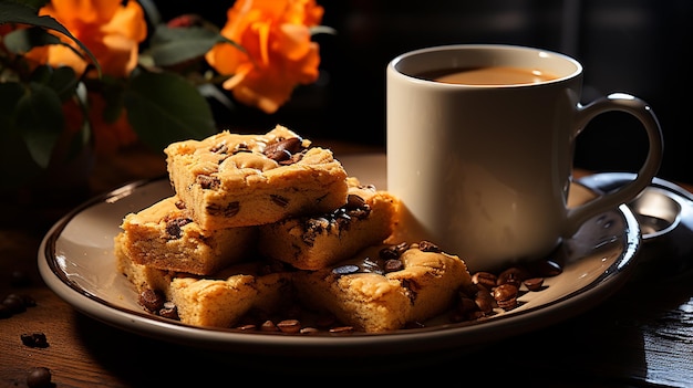 Cup of coffee and sweet baklava on wooden tablegenerative ai