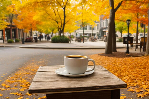 Cup of coffee on a table among autumn leaves in a street cafe generative ai