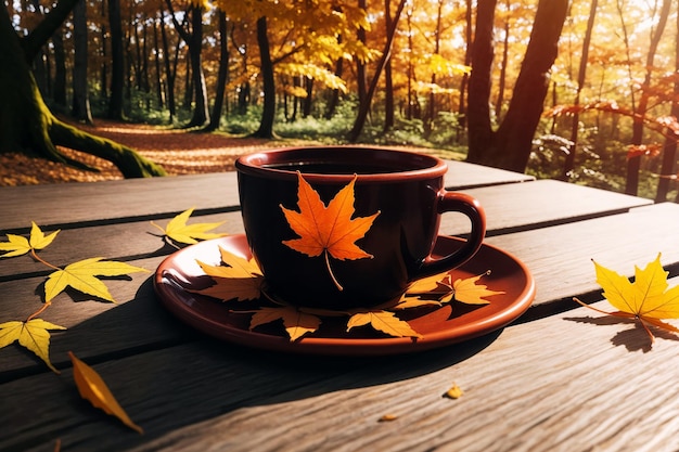 Foto una tazza di caffè sul tavolo nella foresta autunnale foglie autunnali ai generative