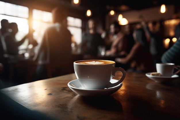 A cup of coffee on a table in a bar where young people are having fun Generation AI