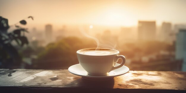 コーヒーのカップをテーブルの上にぼんやりした街の背景でビジネスコーヒーブレイク秋カフェでコーヒー