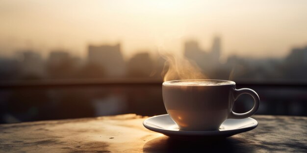 Photo cup of coffee on a table on a blurred city background coffee break business coffee in cafe outdoor