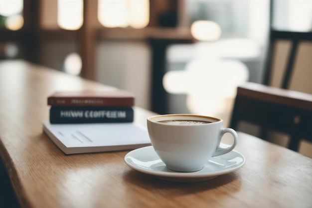 A cup of coffee on a table in a cafe at lunchtime at work Generative AI