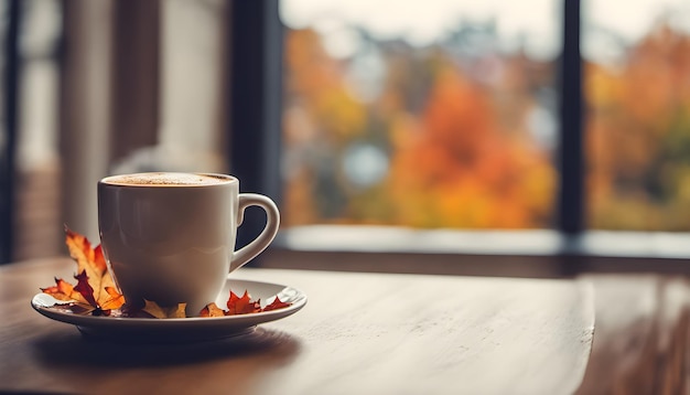 Cup of coffee on table at cafe with top blurred window autumn background Ai Generated