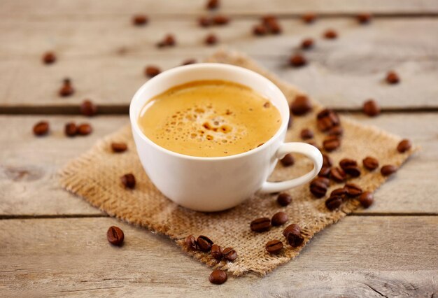 Cup of coffee on table closeup