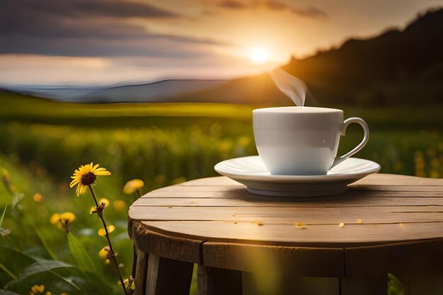 cup of coffee on a table in a field of sunflowers