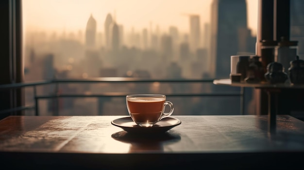 Cup of coffee on the table in front of the city viewgenerative ai