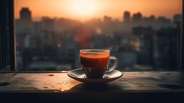 Cup of coffee on the table in front of the city viewgenerative ai