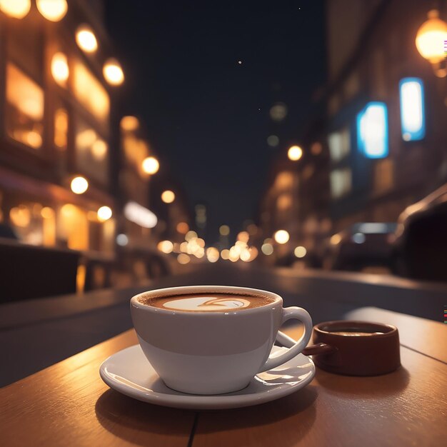 A cup of coffee on a table in front of a street with a city lights in the background generated by ai