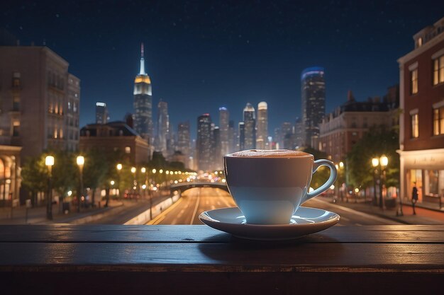 Photo a cup of coffee on a table in front of a street with a city lights in the background