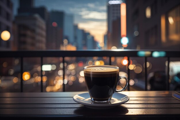 A cup of coffee on a table in front of a street with a city lights in the background