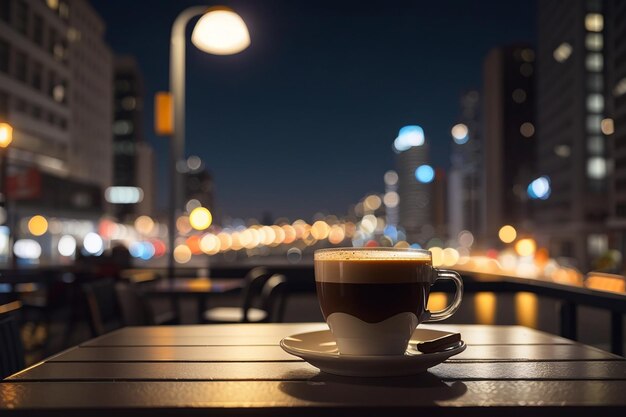 A cup of coffee on a table in front of a street with a city lights in the background