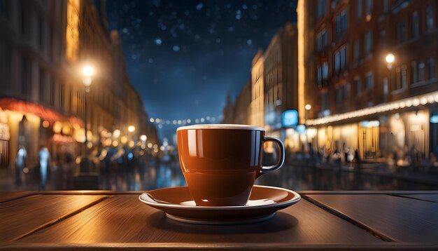 a cup of coffee on a table in front of a street with a city lights