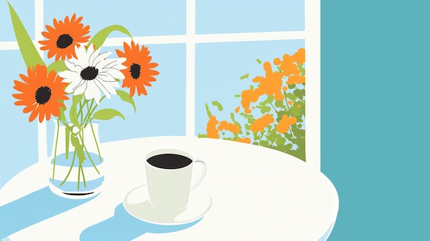 A cup of coffee on a table in front of a window There is a vase of flowers on the table The flowers are orange and white
