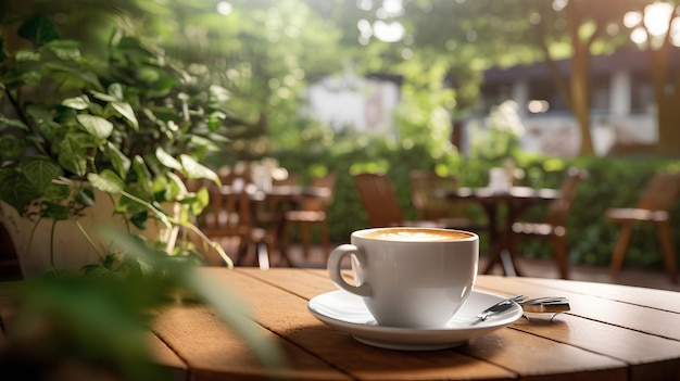 A cup of coffee on a table in a garden