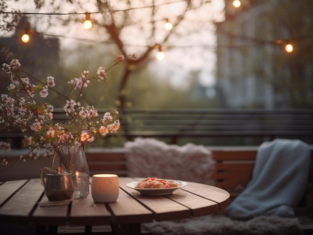 a cup of coffee on a table in the garden