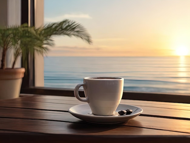 A cup of coffee on a table on a hotel terrace in the background the ocean dawn