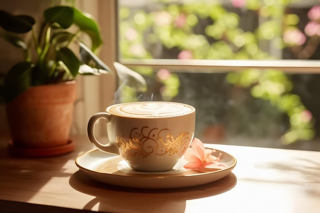 Cup of coffee on the table in the morning sun rays