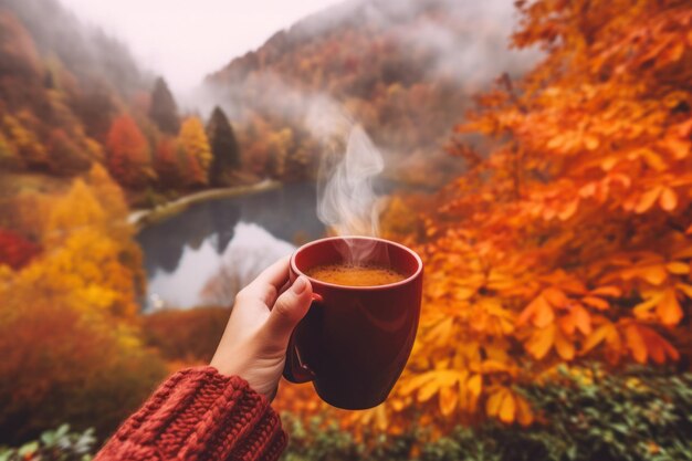 秋の景色を見下ろすテーブルの上でコーヒーを飲んでいます