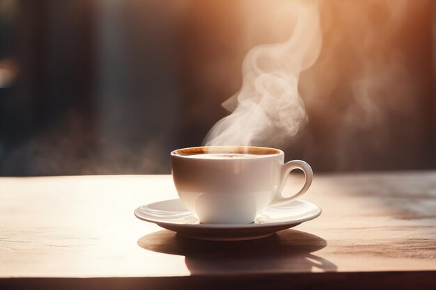 cup of coffee on a table steam from the cup and thin ray morning of light