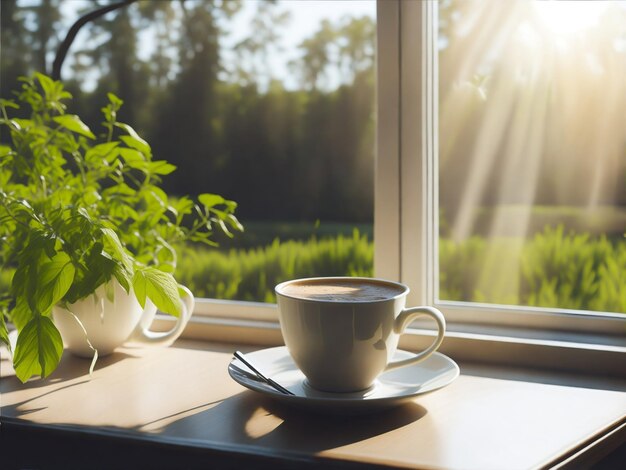 窓の横のテーブルにコーヒーを1杯置く