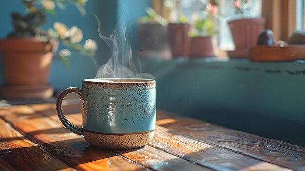 Photo a cup of coffee on a table with a blurred background of pots and plants