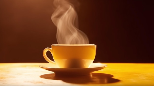 A cup of coffee on a table with a book on it