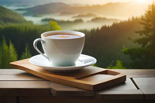 A cup of coffee on a table with a book on the table