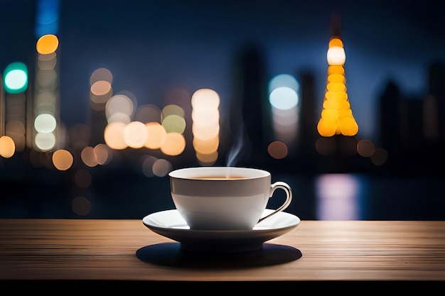 a cup of coffee on a table with the city in the background.