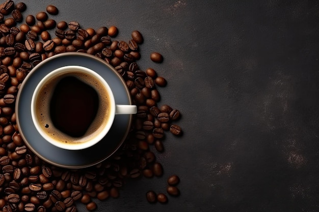 a cup of coffee on the table with the coffee beans