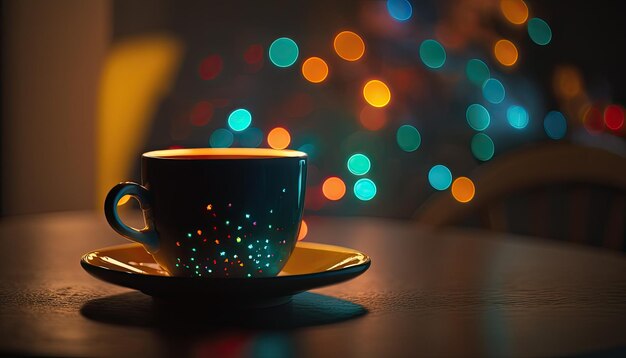 Cup of coffee on table with colorful sparkle lights magical atmosphere in coffee house