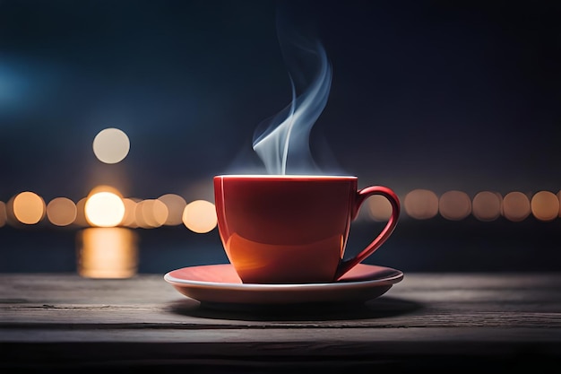 a cup of coffee on a table with a light in the background.