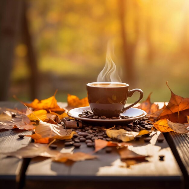 Foto una tazza di caffè sul tavolo con uno sfondo primaverile generato ai