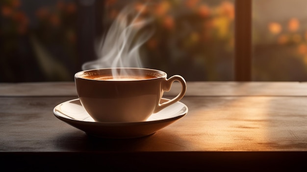 A cup of coffee on a table with steam rising from it with ample copy space smooth and shiny HD