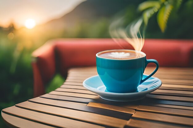 Photo a cup of coffee on a table with the sun setting behind it