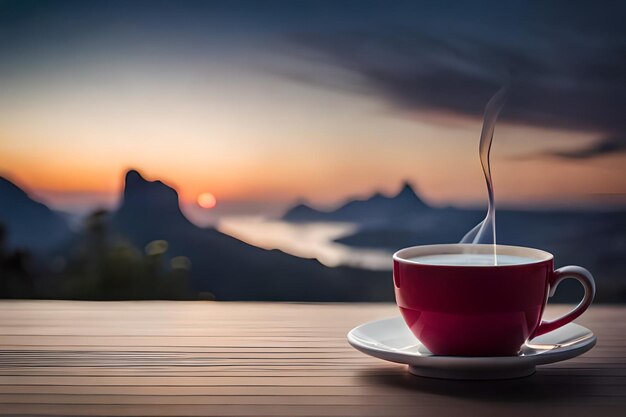 A cup of coffee on a table with a sunset in the background