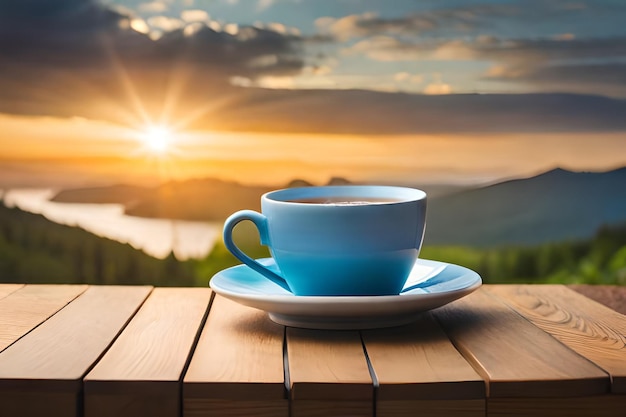 a cup of coffee on a table with a sunset in the background