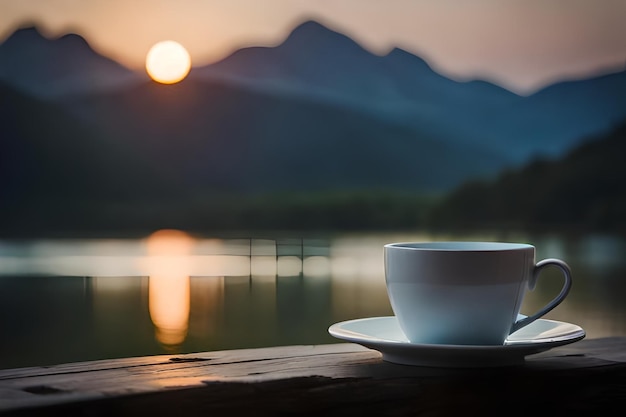 a cup of coffee on a table with a sunset in the background.